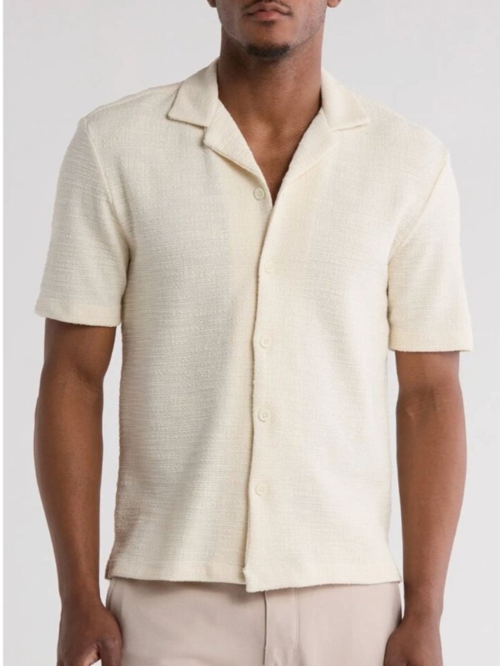 ZARA Men's Short Sleeve Textured Button Up Shirt Medium Cream Regular Fit